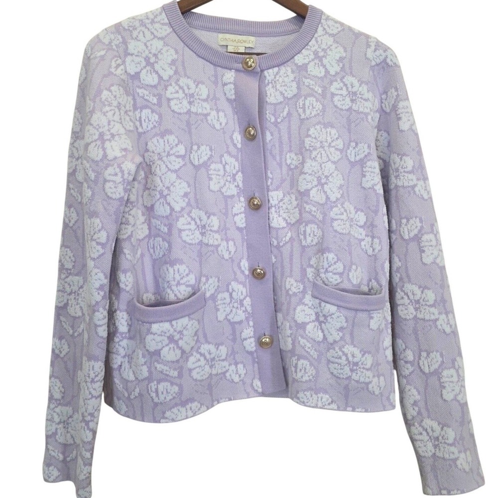 Cynthia Rowley Floral Cardigan‎ Sweater Knit Button Front Lavender Medium